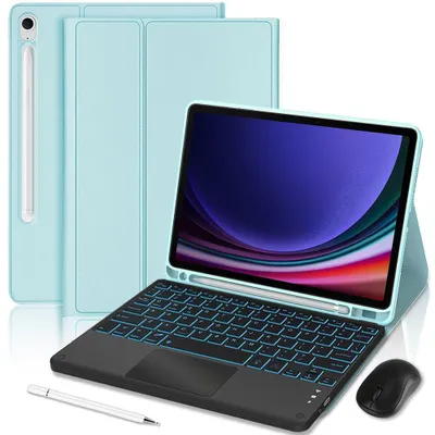 Image de Coque Clavier pour Samsung Galaxy Tab S9, CuirPolyuréthaneBleu avec Clavier Bluetooth Rétroéclairé + Souris + Stylet