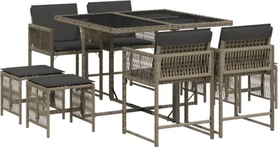 Obrázok produktu pre vidaXL 9-dielna záhradná jedálenská súprava s vankúšmi Grey Poly Rattan