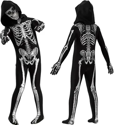 Immagine prodotto di Costume da scheletro per bambini con tuta 3D e maschera per Halloween, 120 cm, nero