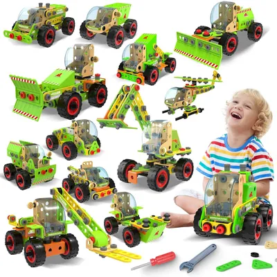 Produktbild von Bauspielzeug Bausteine Bauset - 14-in-1 - 218 Teile - Baufahrzeuge - Ab 4 Jahren