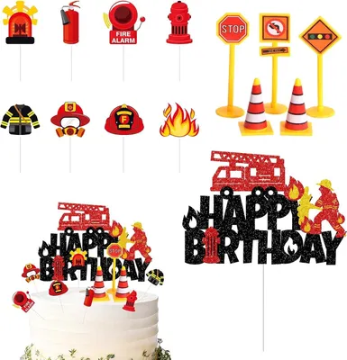 Image de Décoration de gâteau sur le thème des pompiers - Coffret de 14 pièces - Décoration de gâteau "Joyeux anniversaire" - Décorations pour cupcakes sur le thème des pompiers - Camion de pompiers - Anniversaire enfant