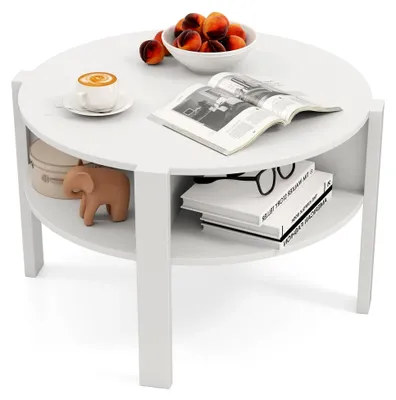 Produktbild von Runder Couchtisch mit Stauraum, 2-stöckig, Moderner Beistelltisch für Wohnzimmer, Büro, Empfangsraum, 74,5 x 74,5 x 45,5 cm (Weiß)