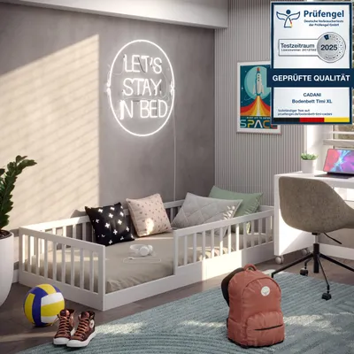 Produktbild von CADANI Timi Bodenbett Kinderbett 90x200 cm, Rausfallschutz abnehmbar, bis 200 kg belastbar, inkl. Roll-Lattenrost, Montessori Bett aus Kiefer Massivholz, Weiß