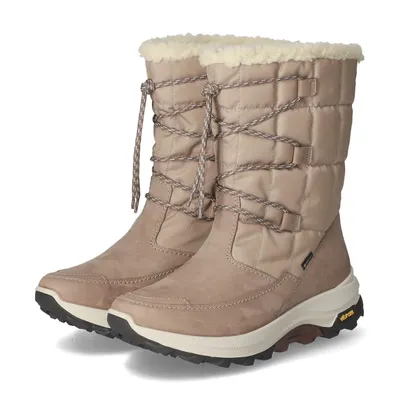 A pair of beige winter boots shown from a front-diagonal angle against a white background.