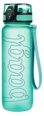 A teal-colored water bottle with a light blue strap and a white background.