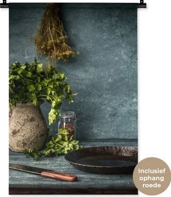 Produktbild von MuchoWow® Wandteppich Wandbehang Kräuter - Gewürze - Pfanne - Messer - Grau - Rustikal 60x90 cm Tapisserie Dekoration Wandtuch - Foto-Teppich - Abwaschbar