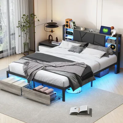 Zdjęcie produktu dla Łóżko podwójne 160 x 200 cm z półkami i oświetleniem LED