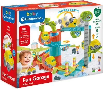The image shows the packaging of a baby toy garage with cars and a baby playing.