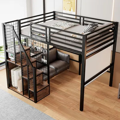Produktbild von okwish Etagenbett Stockbett 140x200cm mit Stauraumleiter, Hochbett mit Rausfallschutz, Metallbett Kinderbett Bettgestell mit Lattenrost und Ablagefläche, Schwarz