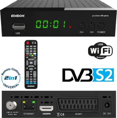A collage of images showing a satellite receiver, its remote control, and its back panel connections.