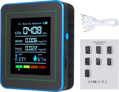 Zdjęcie produktu dla 5-w-1 monitor jakości powietrza w pomieszczeniach, przenośny detektor, dokładny tester CO2, TVOC, HCHO, temperatury i wilgotności powietrza do domu, biura, szkoły, hotelu, samochodu