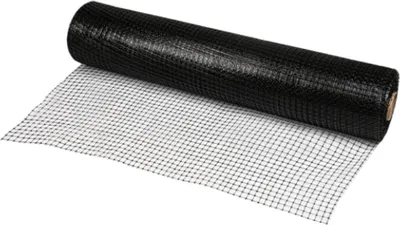 A roll of black mesh fencing material, partially unrolled on a white background.