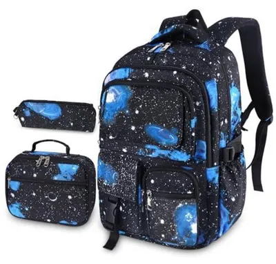 Image de Ensemble de sac à dos scolaire 3 pièces pour garçons et filles, couleur bleue, comprenant une boîte à lunch et une trousse