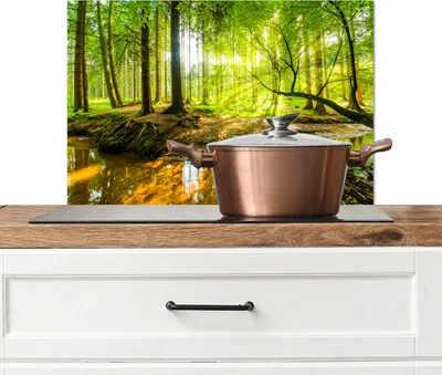 Obrázok produktu pre KitchenYeah® Kuchynský splashback - kuchynský splashback - ochrana steny sporáka a drezu - les - krajina - voda - stromy - slnko - zelená - príroda 70x50 - hliníkový dibond (alternatíva k sklenenému splashbacku)