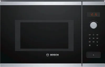 A black Bosch microwave with a silver frame and control panel.