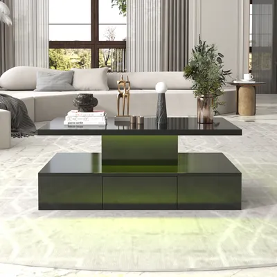 Image de okwish Table basse avec tiroirs, éclairage LED et double plateau, finition brillante – noir