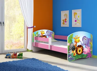 A child's bed with cartoon animals on the headboard, in a bedroom setting.