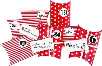 Produktbild von Adventskalender Christkind: Set 173, Kissenschachteln 15 x 11 x 4,5 cm rot Sterne und Streifen, Ziffern schwarz-weiß