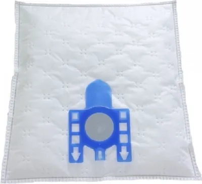 A white vacuum cleaner bag with a blue plastic attachment.