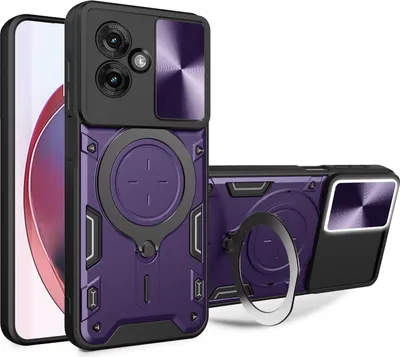 Produktbild von Handyhülle für Motorola Moto G55 Dual-Layer Stoßfest Rüstung Hülle mit Dia Kameraschutz und Kreisförmig Ring Ständer Lila