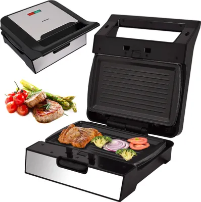 A collage of a grill and food.