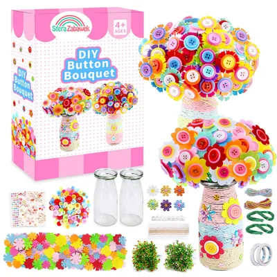 A DIY button bouquet craft kit is displayed with its components and finished examples.