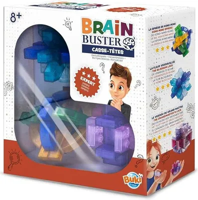 The image shows the retail packaging of a Brain Buster puzzle game, with the product visible through a clear plastic window.