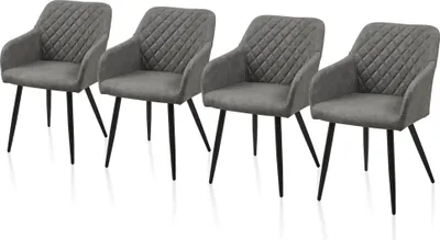 Four gray upholstered dining chairs with black legs are arranged in a row against a white background.
