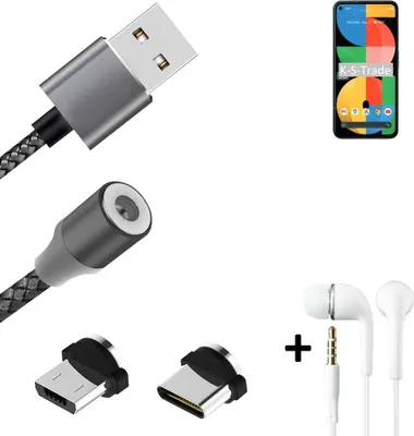 Produktbild von K-S-Trade® Hochwertiges Magnet-Lade-kabel Sync-Kabel Daten-Kabel + Kopfhörer für Google Pixel 5a mit USB-Typ-C-Anschluss und Micro-USB-Anschluss 2A