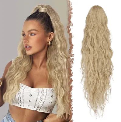 Obrázek produktu pro Doplňek do vlasů, cop "koňský ocas", syntetický, vlnitý, kudrnatý, barva: popelavě blond, délka: 65 cm