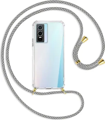 Produktbild von Handykette Backcover-Schutzhülle mit Band (Metall goldfarben) für vivo Y76 5G - weiß/grau kariert