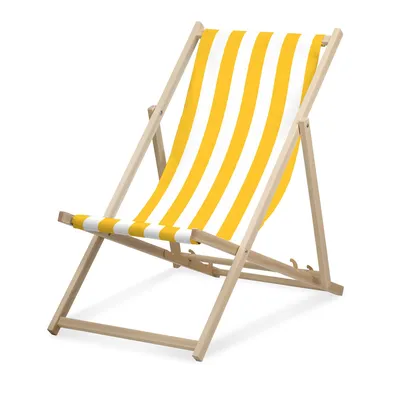 Image de Chaise longue - Rayures larges - Jaune - pliable - en bois de hêtre - supporte jusqu'à 95kg - dossier réglable en 3 positions - Chaise longue de plage