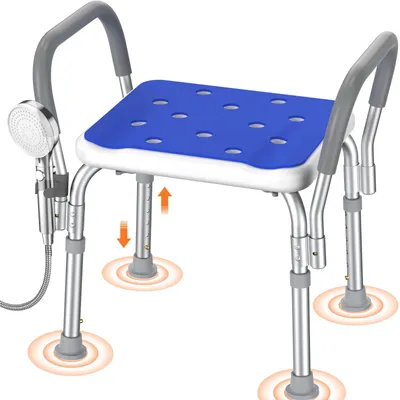 Imagen del producto de Silla de ducha con reposabrazos acolchados, ajustable, reposapiés antideslizante, ideal para personas mayores y personas con discapacidad