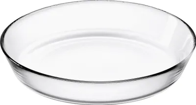 A clear studio shot of a glass plate on a white background.