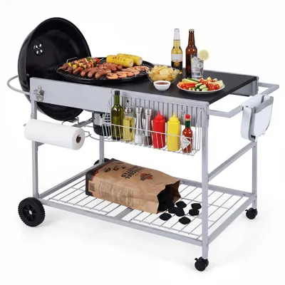 Produktbild von COSTWAY Grillwagen Outdoor, Servierwagen für Kugelgrill 45-55cm, Grilltisch mit 4 Rollen, Deckelhalter, Gewürzregal & Mülleimer, mobiler Beistelltisch