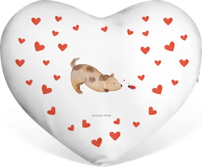 Produktbild von Mr. & Mrs. Panda Sofakissen Hund Marienkäfer - Weiß - Geschenk, Liebeskissen, Sprüche, Mischlinghund, Herzkissen, Neugierig, Kuschelkissen, dekoartikel, Dekokissen