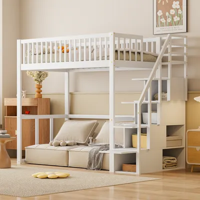 Produktbild von Flieks Etagenbett 90x200cm mit Rausfallschutz, Kinderbett mit Treppe, Hochbett mit Schubalden und Regal, Holzbett Stockbett Einzelbett, Weiß