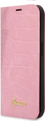 A pink crocodile-textured book-style phone case with a gold 'Guess' logo.