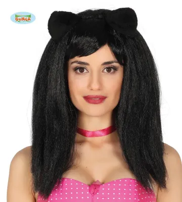 Produktbild von Langhaarperücke mit Ohren schwarz Katze für Damen