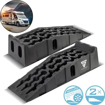 A product image showing two black leveling ramps for vehicles, with a circular inset image of a motorhome in a scenic mountain landscape.