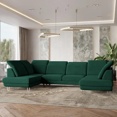 Zdjęcie produktu dla Masseno Narożnik TERAMO z funkcją spania i pojemnikiem na pościel Kształt U, Rozkładana sofa, Rogówka - Butelkowa zieleń, MONOLITH 37