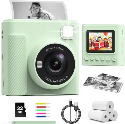 Obrázek produktu pro Dětský fotoaparát s okamžitým tiskem, 2,4palcový fotoaparát s okamžitým tiskem s 32G kartou a fotografickým papírem, tisk, 1080P HD, dárky pro chlapce a dívky ve věku 3–12 let
