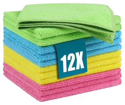 Productafbeelding van 12 microvezeldoeken – Ultra zacht, herbruikbaar, wasbaar, pluisvrij, geschikt voor keuken, auto, glas, ramen, afwasdoeken, 30 x 30 cm, 4 kleuren