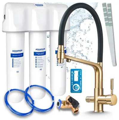 Immagine prodotto di Rubinetto da cucina a tre vie, flessibile, in ottone, con doccetta estraibile. Include sistema di filtraggio dell'acqua Aquaphor, da installare sotto il lavello