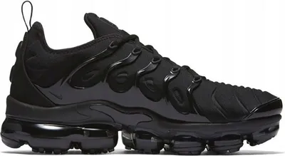 A black Nike Air Vapormax Plus shoe is shown from the side against a white background.