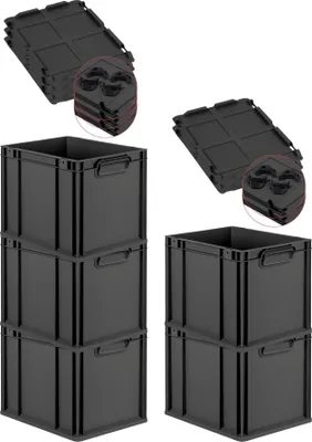 Produktbild von SparSet 5x Eurobox NextGen Grip mit Auflagedeckel inkl. 4 schwarzen Schiebeschnappverschlüssen | HxBxT 32x30x40cm | 30 Liter | Schwarz | Griffe geschlossen | Eurobehälter, Transportbox, Transportbehälter, Stapelbehälter