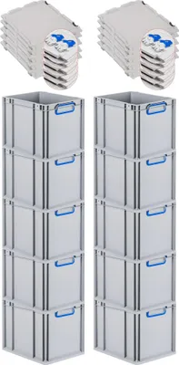 Produktbild von SuperSparSet 10x Eurobox NextGen Color mit Scharnierdeckel und Schiebeschnappverschlüssen | HxBxT 32x30x40cm | 30 Liter | Grau | Griffe blau geschlossen | Glatter Boden | Eurobehälter, Transportbox, Transportbehälter, Stapelbehälter