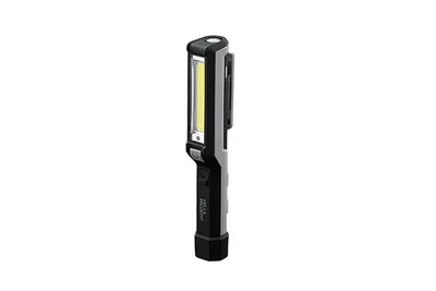 A black and gray LED work light with a clip is shown against a white background.