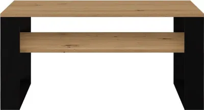 A coffee table with a wooden top and black legs, viewed from the front.