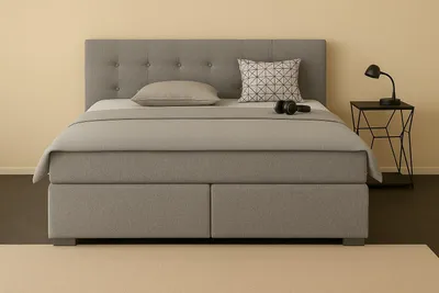Image de Lit Boxspring TOM 140 x 200 cm avec matelas et tête de lit rembourrée. Couleur : gris